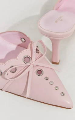 Wide Fit Pink Pu Point Toe Laced Bow Detailed Heeled Mules
