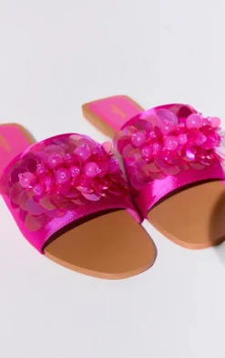 Wide Fit Pink Pu Round Toe Sequin Strap Mule Sandals