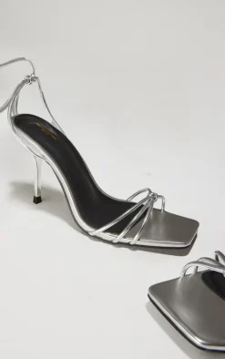 Wide Fit Silver PU Square Toe Lace Up High Stiletto Heeled Sandals