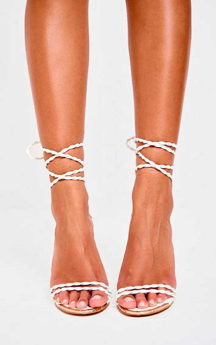 Wide Fit White PU Round Metal Toe Braided Strap High Stiletto Heeled Sandals