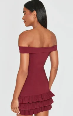 Wine Bardot Tiered Shift Dress