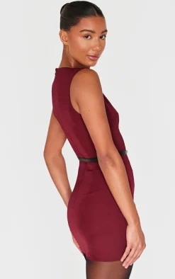 Wine Belted Boat Neck Mini Dress