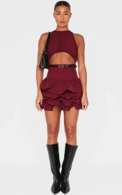 Wine Cut Out Belted Frill Hem Shift Dress