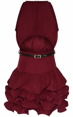 Wine Cut Out Belted Frill Hem Shift Dress