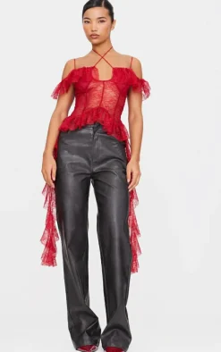 Wine Lace Ruffle Halterneck Long Top