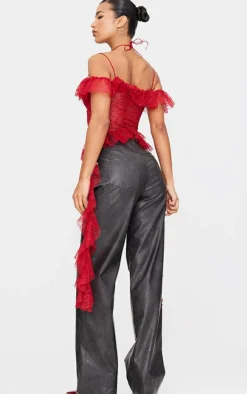 Wine Lace Ruffle Halterneck Long Top