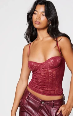 Wine Lace Spaghetti Strap Long Corset