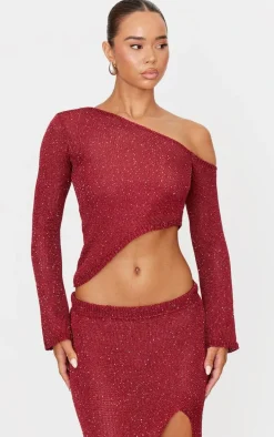 Wine Sequin Knit Asymmetric Long Sleeve Crop Top