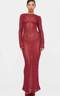 Wine Sequin Knit Long Sleeve Maxi Dress