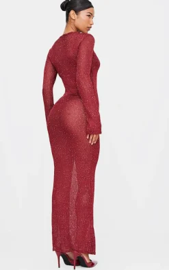 Wine Sequin Knit Long Sleeve Maxi Dress