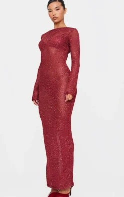 Wine Sequin Knit Long Sleeve Maxi Dress