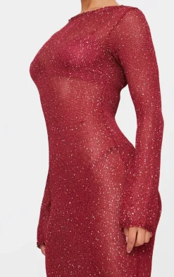Wine Sequin Knit Long Sleeve Maxi Dress