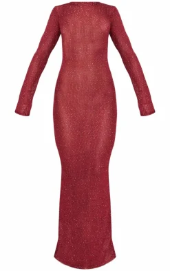 Wine Sequin Knit Long Sleeve Maxi Dress