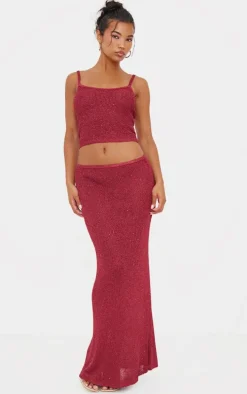 Wine Sequin Knit Maxi Skirt