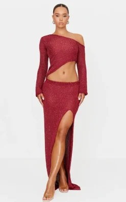 Wine Sequin Knit Side Split Maxi Skirt