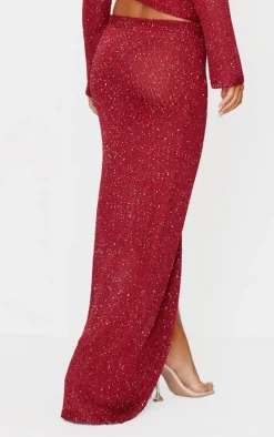 Wine Sequin Knit Side Split Maxi Skirt