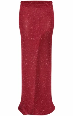 Wine Sequin Knit Side Split Maxi Skirt