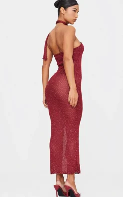Wine Sequin Knit Tie Neck Maxi Dress