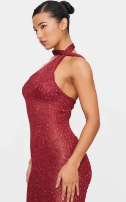 Wine Sequin Knit Tie Neck Maxi Dress