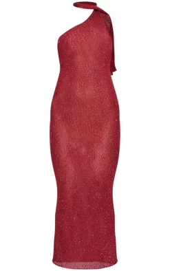 Wine Sequin Knit Tie Neck Maxi Dress
