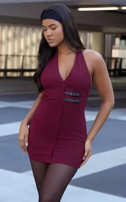 Wine Stretch Woven Belted Bodycon Dress