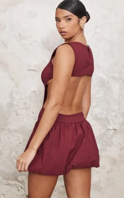 Wine Stretch Woven Cut Out Backless Shift Dress