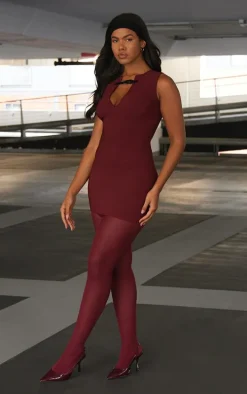 Wine Stretch Woven Keyhole Belted Bodycon Dress