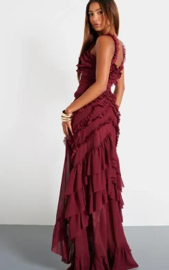 Wine Tiered Frill Detail Maxi Dress