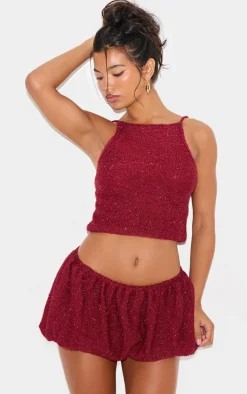 Wine Tinsel Knit Detail Cami Crop Top