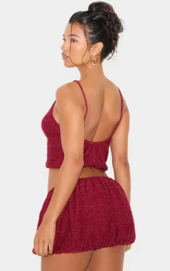 Wine Tinsel Knit Detail Cami Crop Top