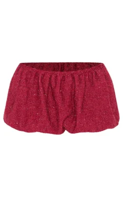 Wine Tinsel Knit Detail Puffball Skirt