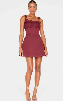 Wine Woven Lace Detail Tie Strap A Line Shift Dress