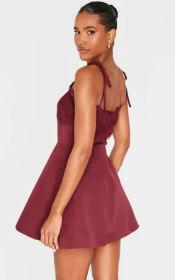Wine Woven Lace Detail Tie Strap A Line Shift Dress