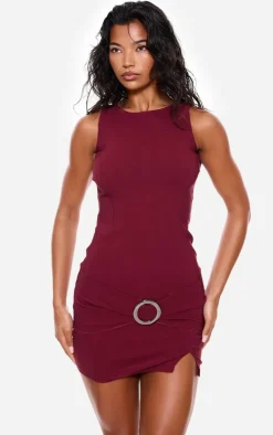 Wine Wrap Belt Detail Bodycon Dress