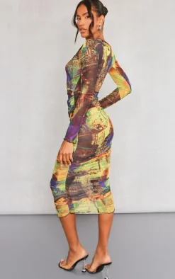 Yellow Abstract Print Ruched Mesh Long Sleeve Maxi Dress