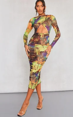 Yellow Abstract Print Ruched Mesh Long Sleeve Maxi Dress