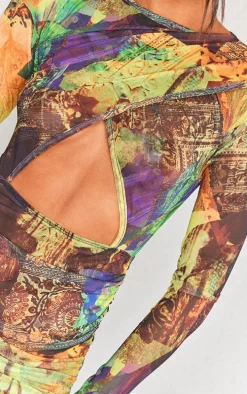 Yellow Abstract Print Ruched Mesh Long Sleeve Maxi Dress