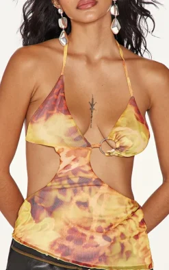 Yellow Cut Out Printed Mesh Long Top