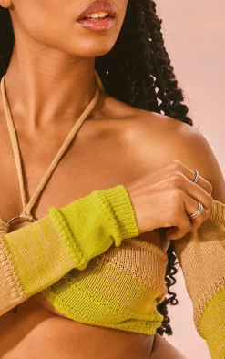 Yellow Cut Out Side Marl Knit Bralet & Sleeves