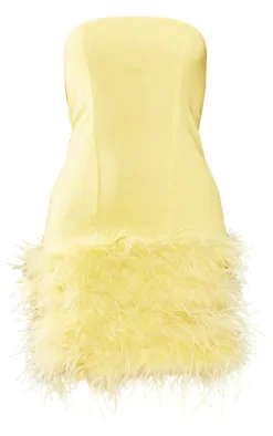 Yellow Faux Feather Detail Bandeau Bodycon Dress