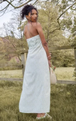 Yellow Floral Lace Trim Corset Split Midi Dress