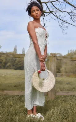 Yellow Floral Lace Trim Corset Split Midi Dress