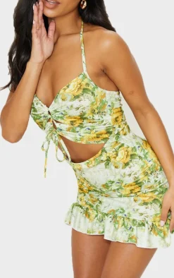 Yellow Floral Print Cut Out Frill Hem Halterneck Shift Dress