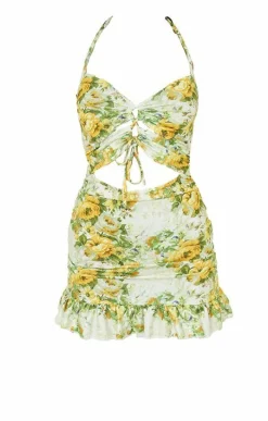 Yellow Floral Print Cut Out Frill Hem Halterneck Shift Dress