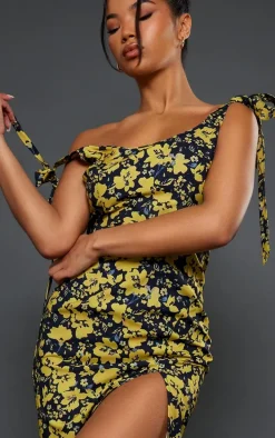 Yellow Floral Print Tie Sleeve Split Midaxi Dress