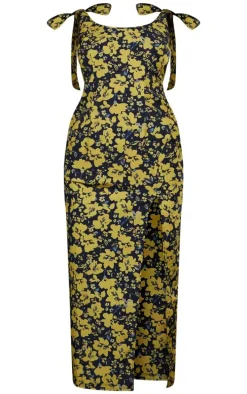Yellow Floral Print Tie Sleeve Split Midaxi Dress