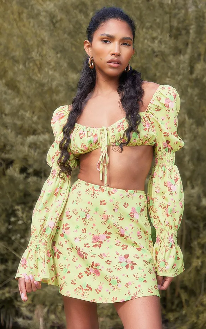 Yellow Floral Print Woven Ruched Long Sleeve Crop Top