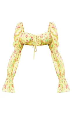 Yellow Floral Print Woven Ruched Long Sleeve Crop Top