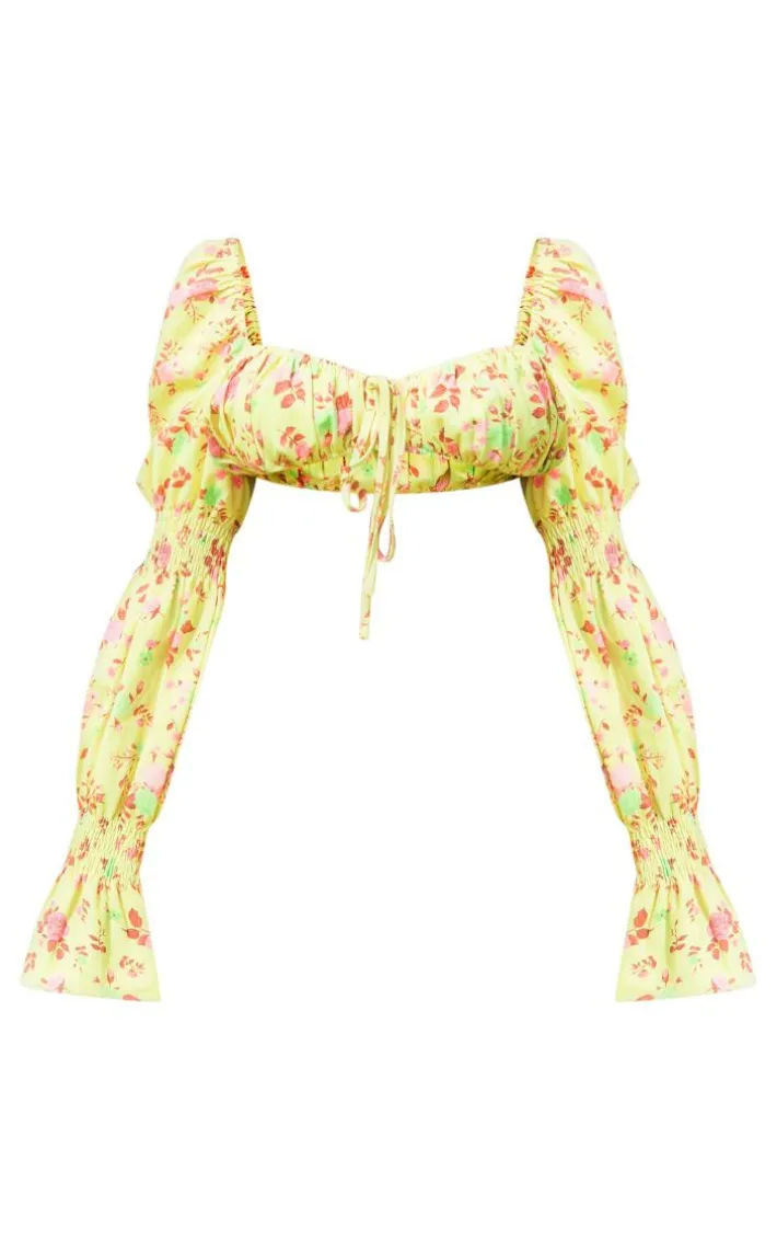 Yellow Floral Print Woven Ruched Long Sleeve Crop Top