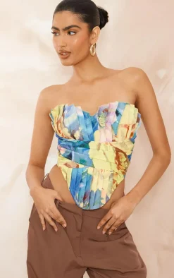 Yellow Floral Print Woven Pleated Drape Front Corset